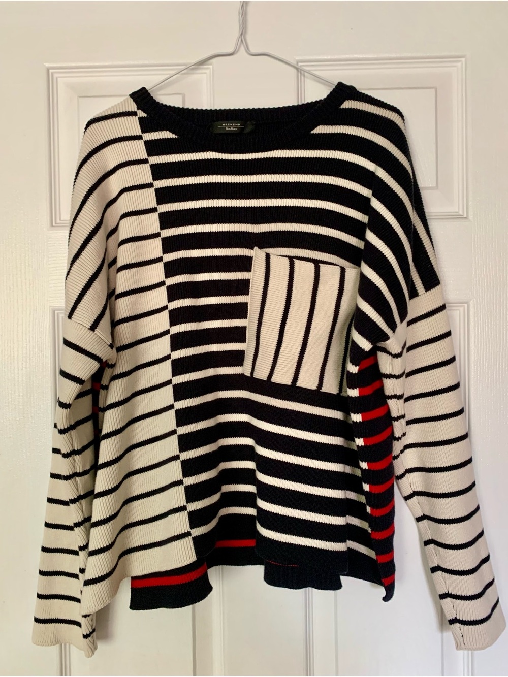 Weekend Max Mara Striped Knit Sweater in Black, White & Red